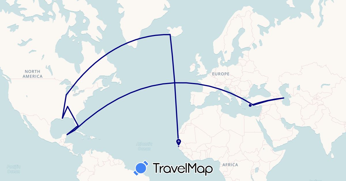 TravelMap itinerary: driving in Azerbaijan, Cuba, Gambia, Iceland, Mexico, Turkey, United States (Africa, Asia, Europe, North America)
